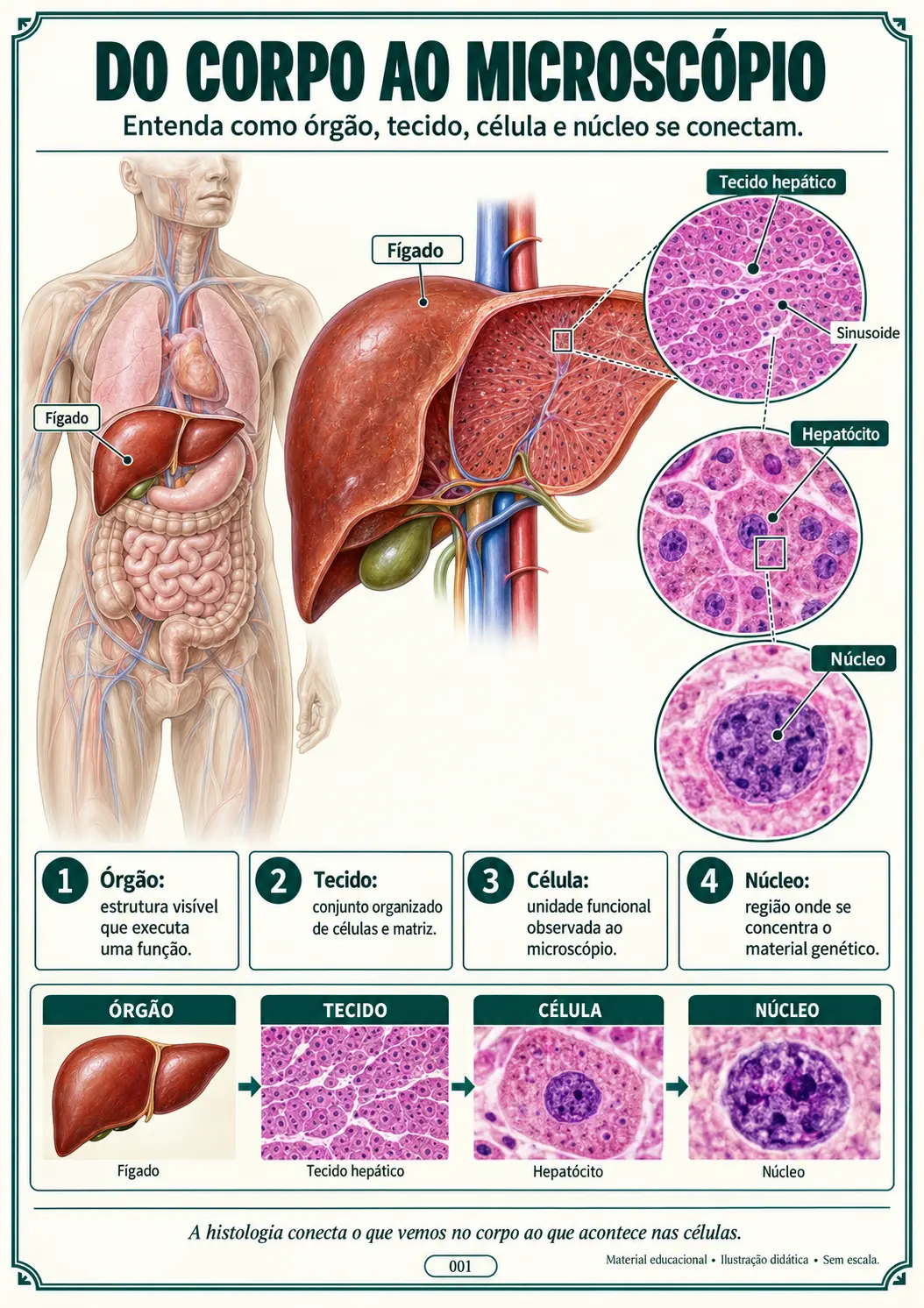 Do Corpo ao Microscópio — Órgão, Tecido, Célula e Núcleo