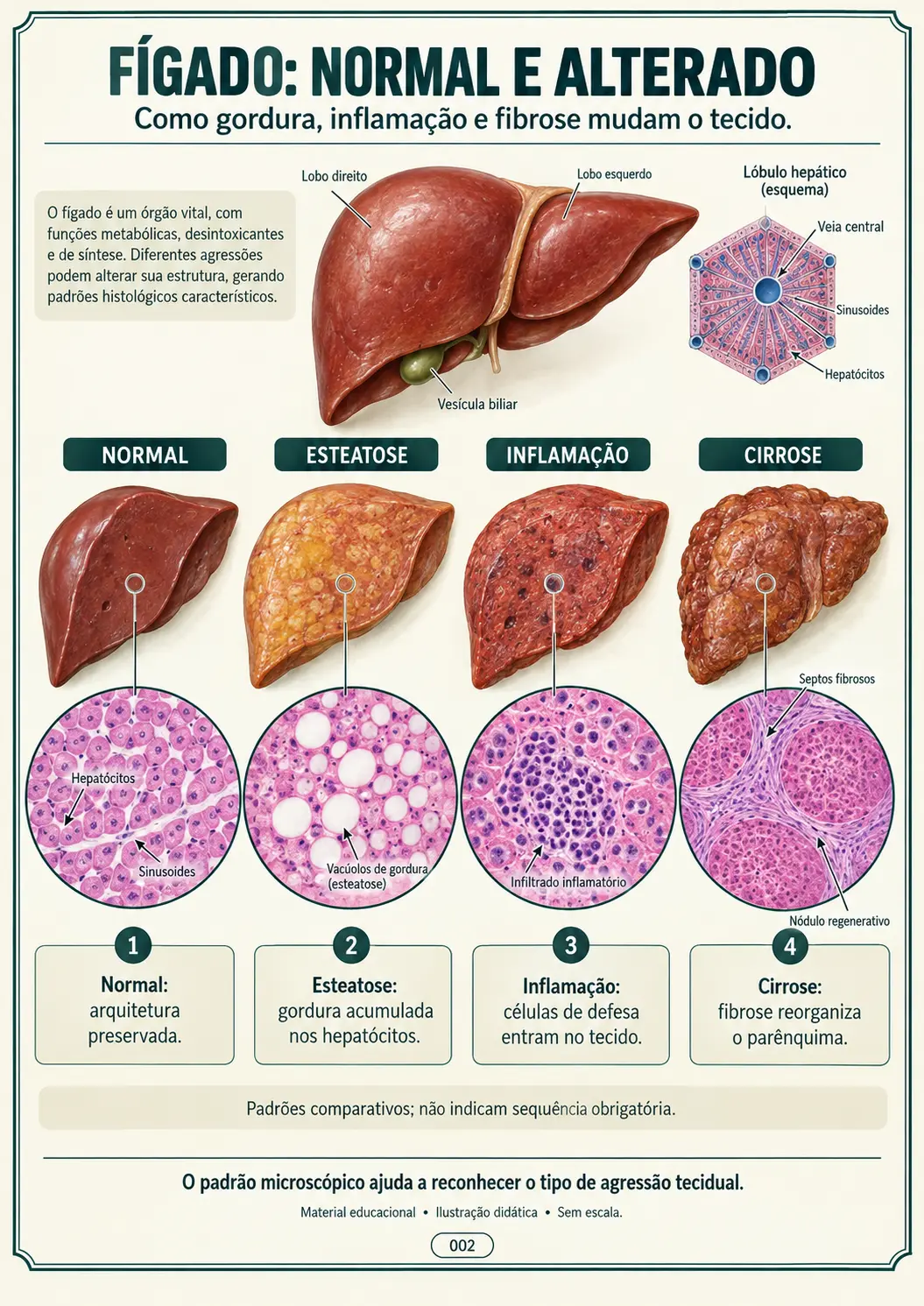 Fígado — Normal × Esteatose × Inflamação × Cirrose